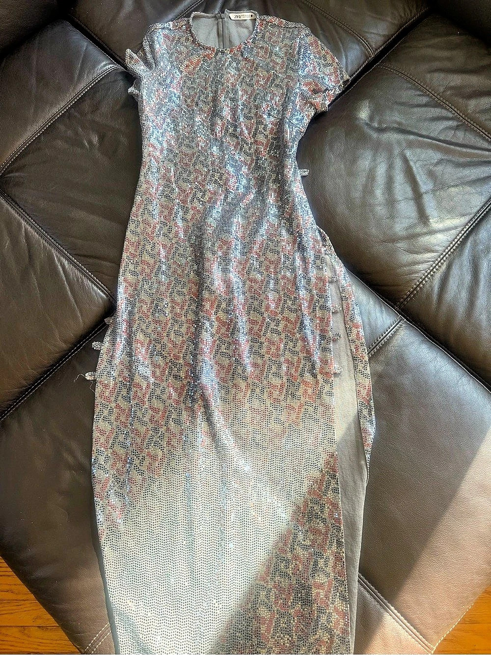 Zara Sequin Midi Dress in Silver & Red Size Medium